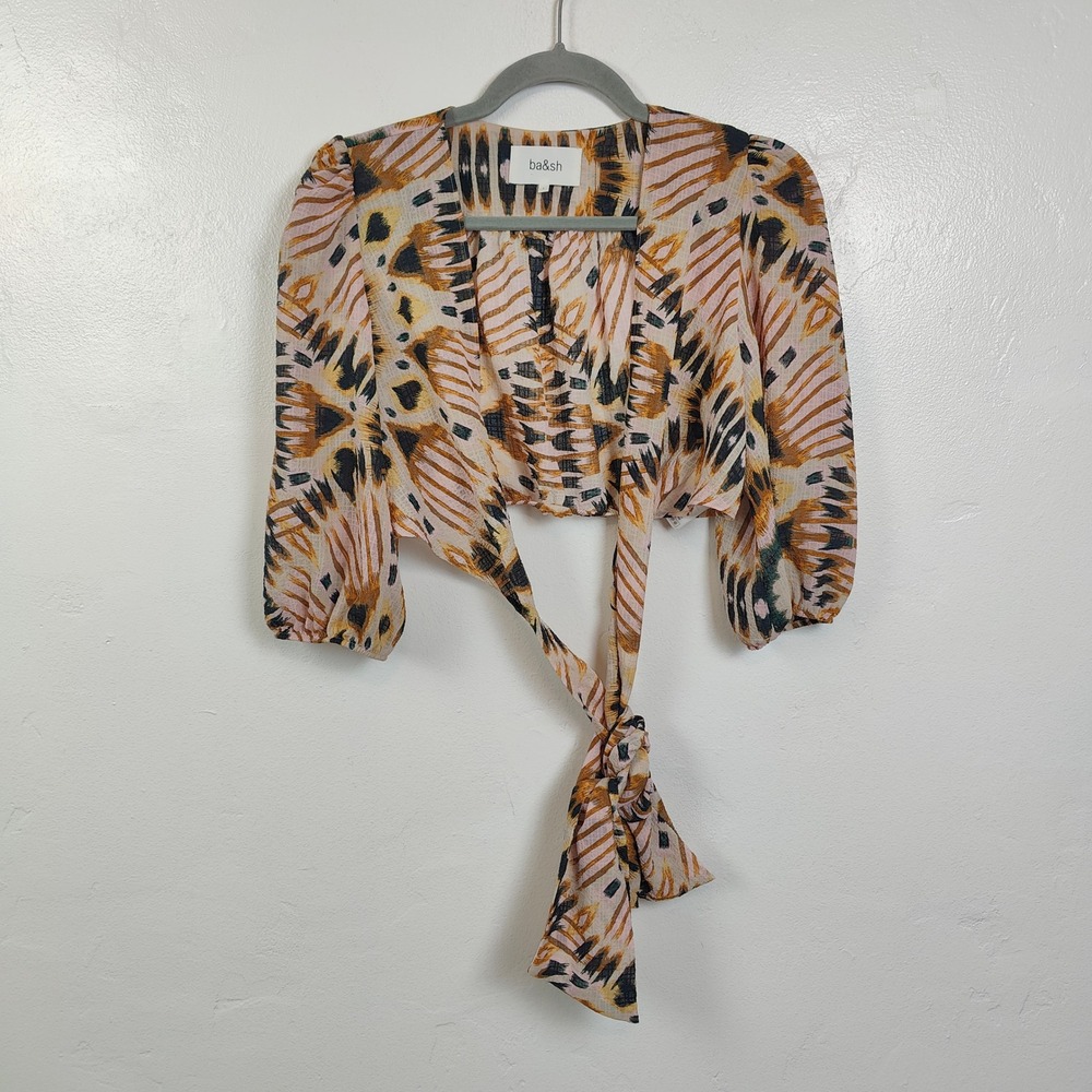 ba&sh Cally Cropped Wrap Top Womens 1 Pink Abstract Ikat Wrap Front Tie Boho - Picture 2 of 9